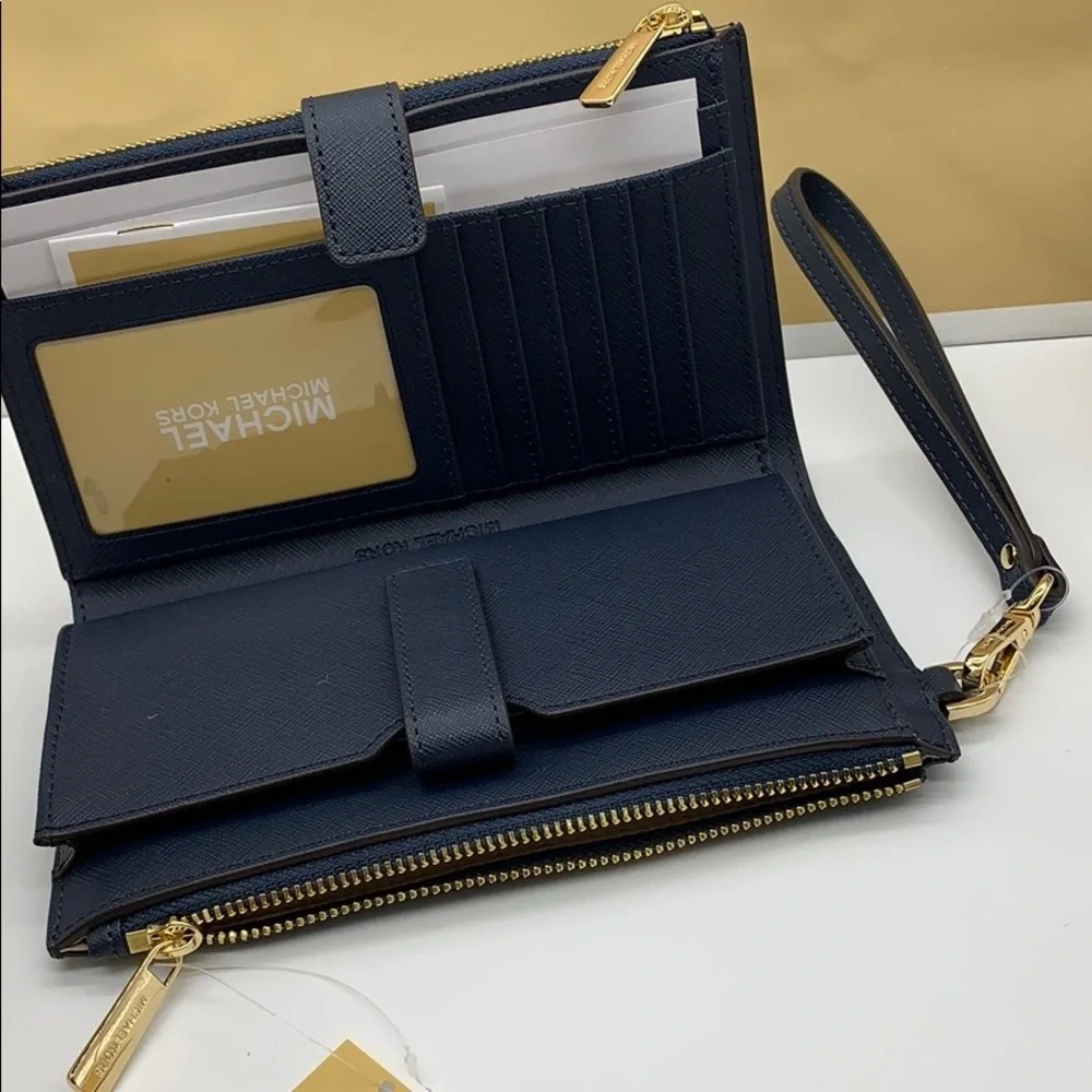 MICHAEL KORS LG DOUBLE ZIP WRISTLET PHONE CASE - wallet Navy NWT - Picture 11 of 16